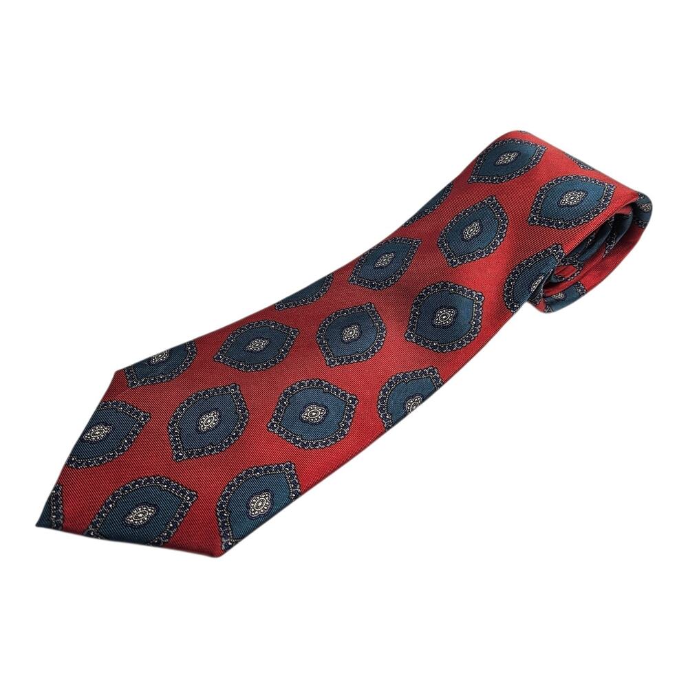 CHRISTIAN DIOR Monsieur Neck Tie Muted Red Blue Medallion Print Italian Silk